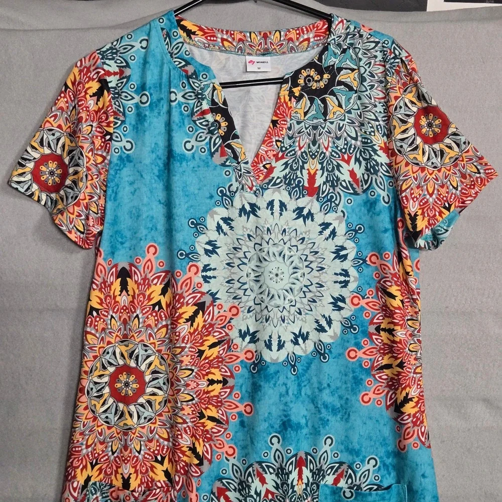Boho Blue Mandala Print V-Neck Short Sleeve Pocket T-Shirt Dress Medium Resort